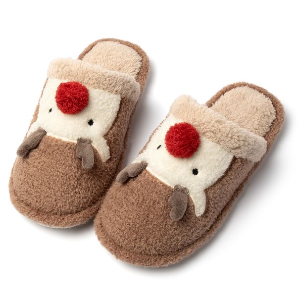 Fashionable Home Anti Slip Warm Plush Shoes For Women In Winter With Plush, Cute Christmas Reindeer Cotton Slippers For Women_vogvips.com