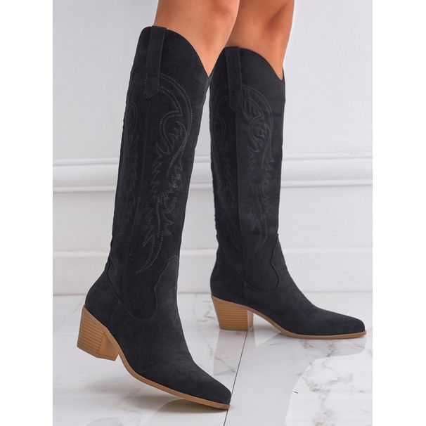 Western Embroidery Chunky Heel Boots – Slip-On Mid-Calf Cowboy Boots For Men & Women (Black/Khaki, Sizes 35-43)_vogvips.com
