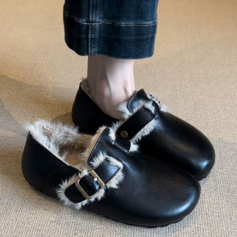 Integrated Leather Polished Birkenstocks Women's Non-slip Outer Wear Comfortable Plush Shoes_vogvips.com