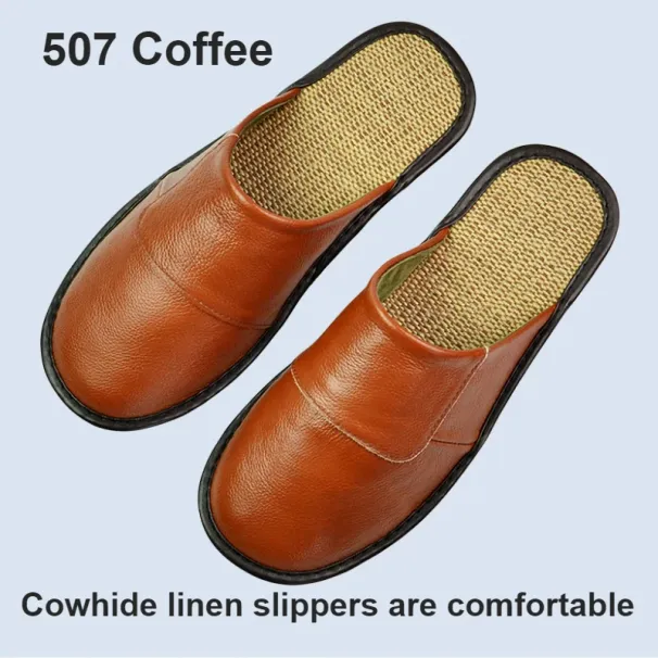 Genuine Cow Leather Linen Slippers Homes In Indoor Slipper Spring Autumn Men Women Elderly Non-slip Casual Single Slides_vogvips.com