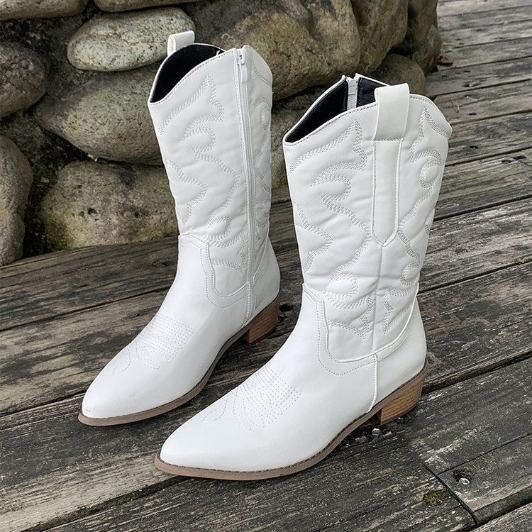 Women's Shoes Autumn New Embroidered Women's Mid Calf Fluorescent Pointed Toe Martin Boots Thick Heels Large Size Boots_vogvips.com