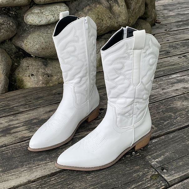 Women's Shoes Autumn New Embroidered Women's Mid Calf Fluorescent Pointed Toe Martin Boots Thick Heels Large Size Boots_vogvips.com