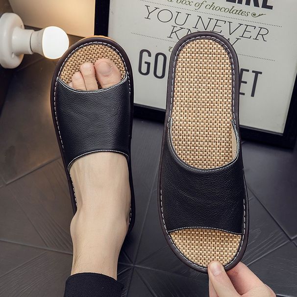 Cowhide Cool Slippers Men And Women's Home Indoor Non-slip Wooden Floor Soft Bottom Sweat-absorbing Leather Home Slippers Summer_vogvips.com