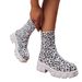 Women's Slimming Platform Elastic Boots, Autumn Leopard Print, Chunky Heel, Plus Size, Mid Calf Sock Boots._vogvips.com