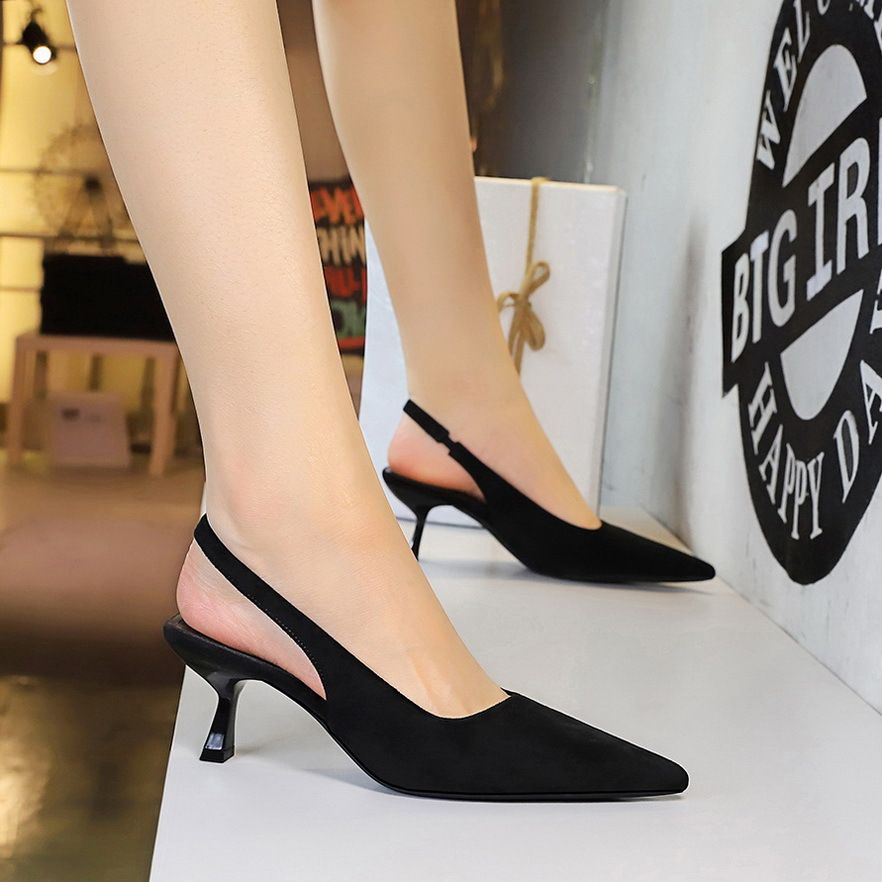 Suede High Heels Pointed Back Hollowed Wine Glass Heel Women's Shoes Light Mouth Back Strap Plain Single Shoes Women_vogvips.com
