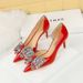 638-AH21 Korean Banquet Women's High Thin Heels, Shallow Mouth, Pointed Side Hollow Lacquer Leather Water Diamond Bow_vogvips.com