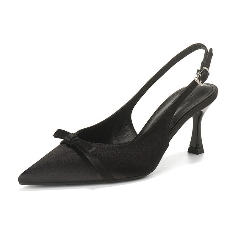 2025 French Style Socialite Elegant Pointed Bowknot Stiletto Heels Women Satin Versatile Closed Toe Backless Sandals_vogvips.com