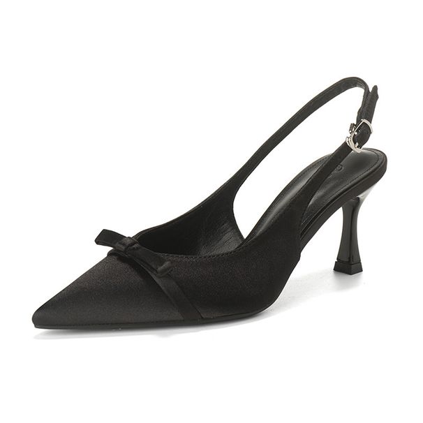 2025 French Style Socialite Elegant Pointed Bowknot Stiletto Heels Women Satin Versatile Closed Toe Backless Sandals_vogvips.com