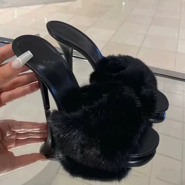 Top Version 2025 New Mink Fur Fashionable Heels For Women, Thin Open Toe Sexy High Heel Mules_vogvips.com