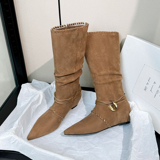 French Style Internal Height Increase Pleated Slouch For Women 2025 Autumn Winter New Pointed Toe Mid-Calf Over-the-Knee_vogvips.com