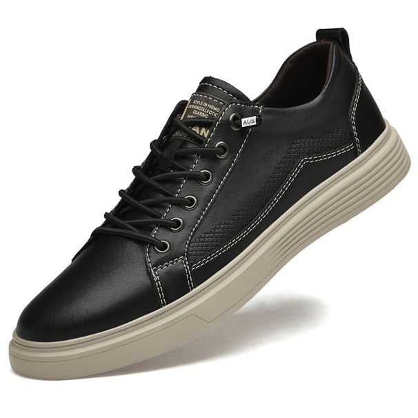 Men's Casual Board Shoes Two-layer Cowhide Hong Kong Style Tide And Breathable Flat-bottomed Men's Small Leather Shoes Elastic Shoes_vogvips.com