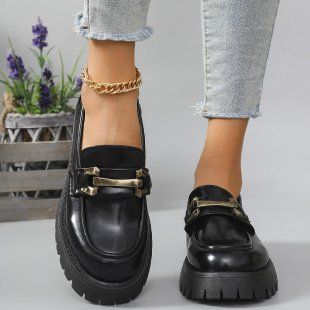 Large Size Thick Soled Black Small Leather Shoes Women's New Slip-on Work Shoes Metal Buckle Loafers_vogvips.com