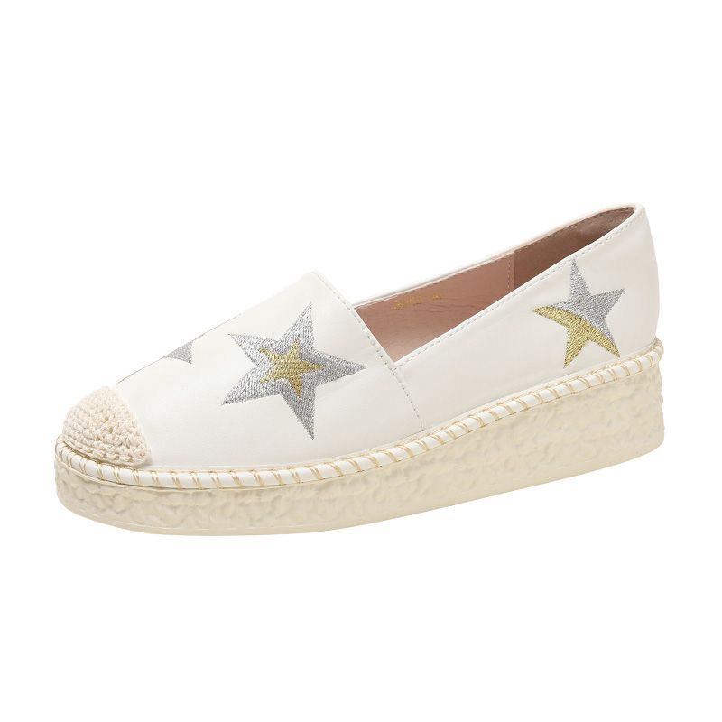 Internet Celebrity Low-Cut All-Match Thick Sole Wedge Embroidered Loafers_vogvips.com
