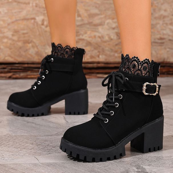 Winter Women's Lace-Up High Heeled Ankle Boots British Style Plus Size Chunky Heel Platform Lace Trim Size 43_vogvips.com