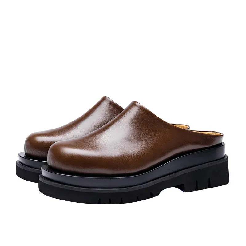 Luxury Platform Man Half Slippers With Heels Genuine Leather 2024 Summer Wedding Business Social Shoes Outside Sandals_vogvips.com