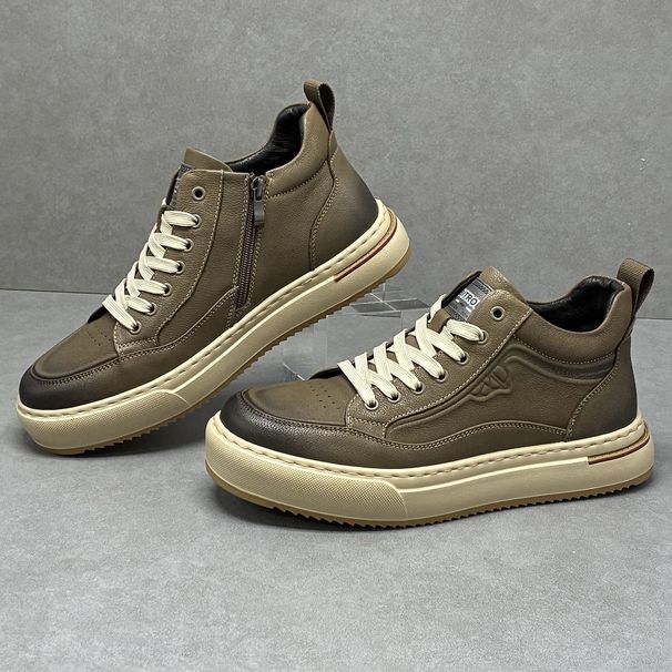 High-top Genuine Leather Trendy Veratile Thick-oled Sneaker Men' Zipper Slip-on Lightweight Mid-top Work Caual_vogvips.com
