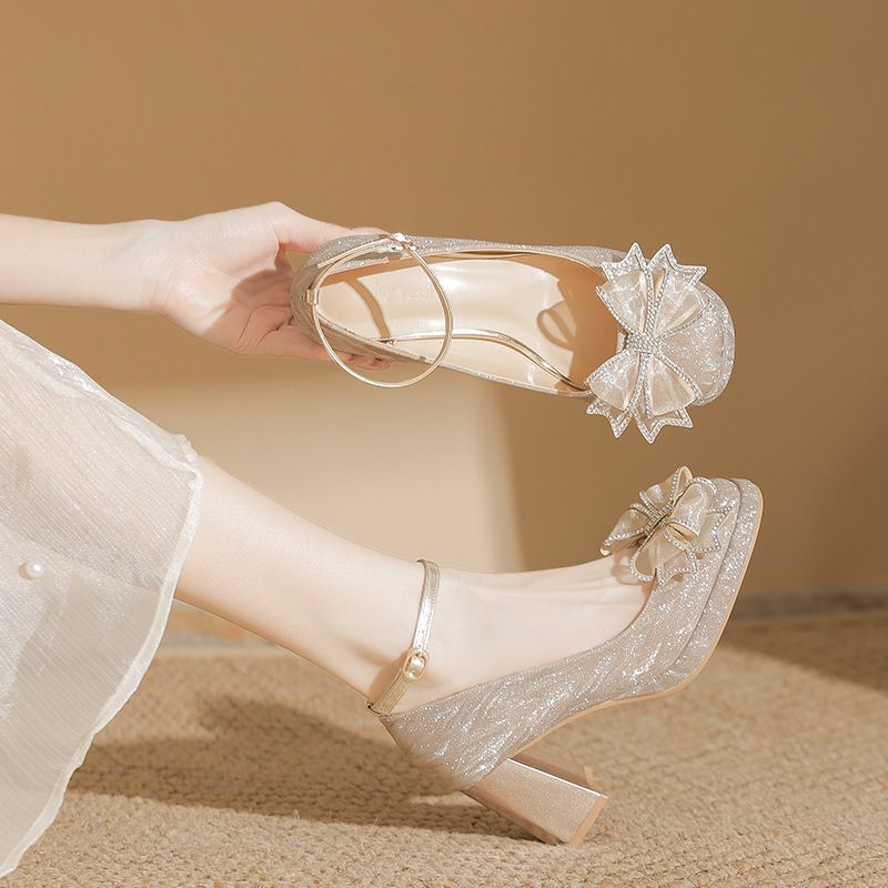 Elegant Rhinestone Bowknot Platform Heels - Comfortable Wedding & Bridesmaid Shoes With Adjustable Straps, Available In Silver & Champagne Gold_vogvips.com