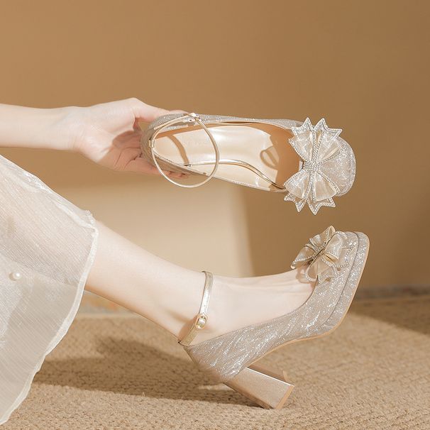 Elegant Rhinestone Bowknot Platform Heels - Comfortable Wedding & Bridesmaid Shoes With Adjustable Straps, Available In Silver & Champagne Gold_vogvips.com