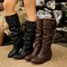 Retro Pleated Knee High Boots For Women Belt Buckle Mid Heel Plus Size Autumn Style Solid Plain PU Suede Riding Boots_vogvips.com