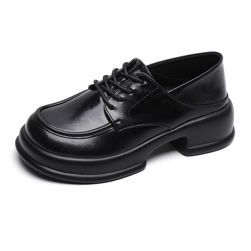 Platform Loafers Women's Lace-up Single Shoes Thick Heel Retro British Style Small Leather Shoes Women_vogvips.com