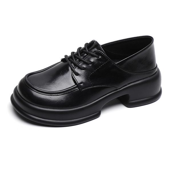 Platform Loafers Women's Lace-up Single Shoes Thick Heel Retro British Style Small Leather Shoes Women_vogvips.com