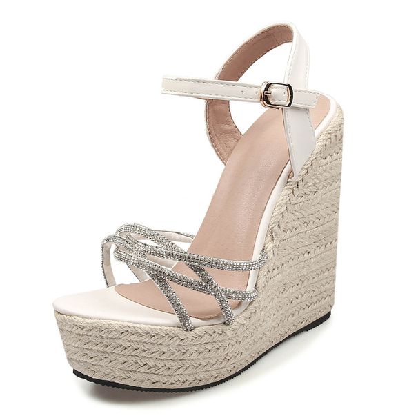 Women's High Heeled Platform Wedge Sandals Rhinestone Cross Straps Straw Rope Soles 15 Cm_vogvips.com