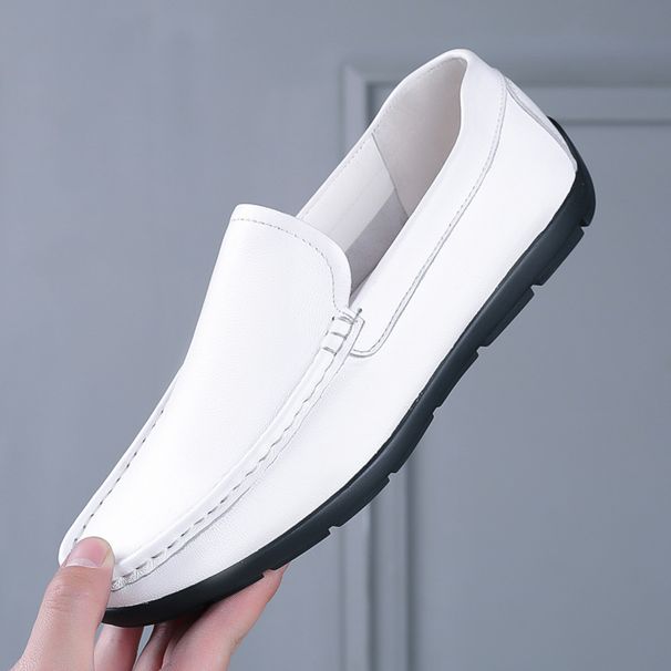New men's bean shoes leather cowhide casual shoes soft soles soft leather shoes white breathable shoes men's shoes_vogvips.com