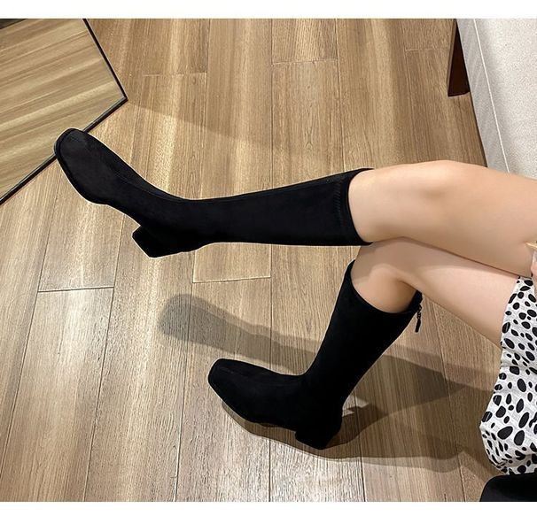 2025 Heel New Women's High Stretch Versatile Square Toe Long Petite Over-the-Knee Boots Suede_vogvips.com