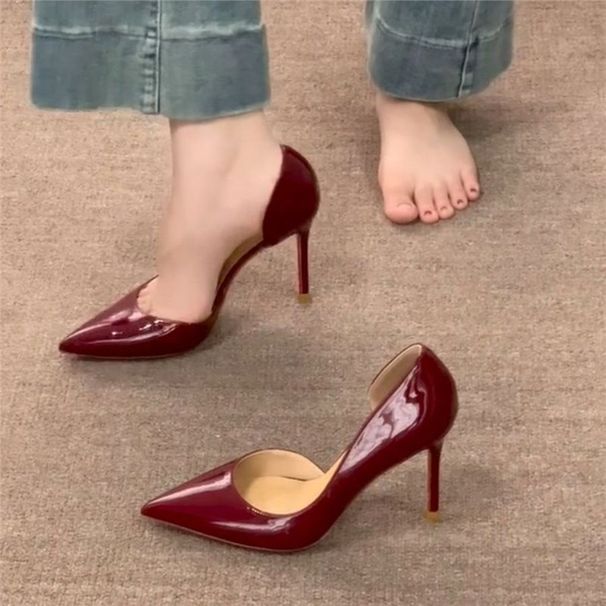 French Retro Elegant Red Pointed Toe Pumps Sexy Side Cutout Patent Leather High Heels_vogvips.com