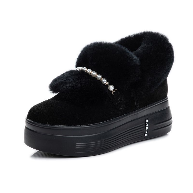 Women's Shoes Cotton Padded Snow Boots Women's Real Fur High Heels Genuine Leather Inner Height Increasing Dongda Single Shoes Velvet Leather Real Fur_vogvips.com