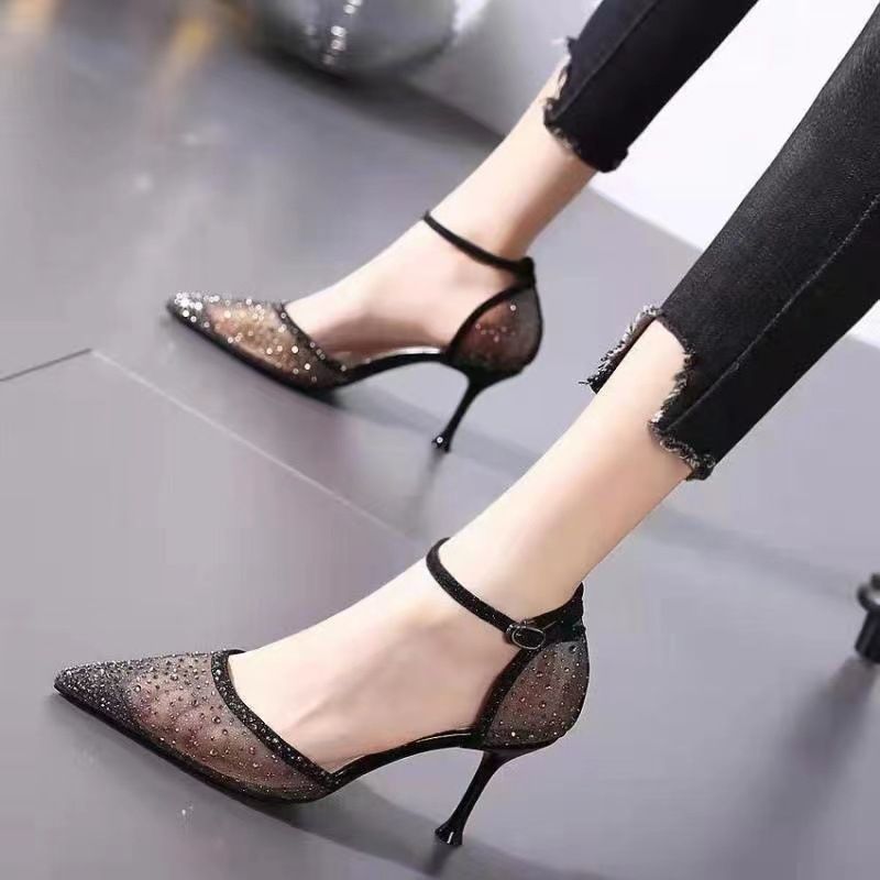 Mesh Pointed-toe Rhinestone Stiletto Hollow-out Women's Shoes, 2026 Summer New Elegant Single-strap High-heeled_vogvips.com