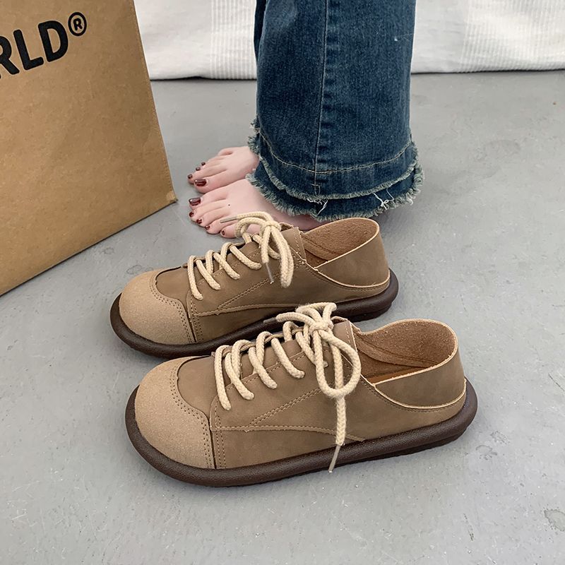 Maillard Retro British Style Large Size Women's Leather 2025 New Soft Sole Lace-Up Casual Patchwork Vintage Single Shoes_vogvips.com