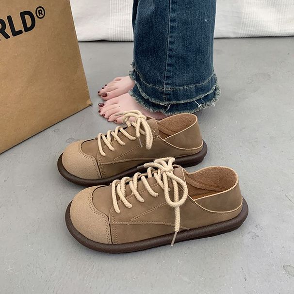 Maillard Retro British Style Large Size Women's Leather 2025 New Soft Sole Lace-Up Casual Patchwork Vintage Single Shoes_vogvips.com
