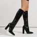 Women's Shoes Sexy Crocodile Pattern High Heeled Riding Boots, Hot Girl Pointed Toe Patent Leather Chunky Heel Black Long Boots_vogvips.com