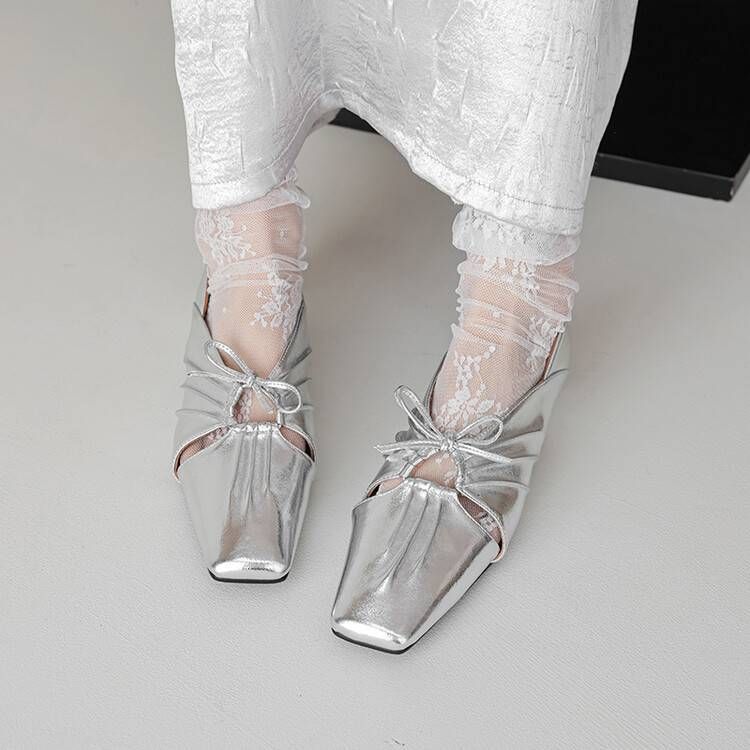Cowhide Wrinkled Hollow Mary Jane Shoes For Women In Early Autumn Retro Bow Half Step Square Toe Flat Shoes_vogvips.com
