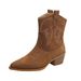 CMY-Western Cowboy Boots Embroidered Short Boots Women's Cowhide Thick Heel Pointed_vogvips.com
