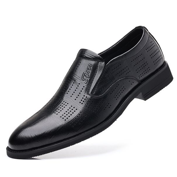 Men's business casual leather shoes leather formal hollowed out men's shoes inside heightening shoes oversized Men's size_vogvips.com