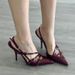 2024 New Style Peep Patet Leather Akle Strap Cat Heel Sadals Sexy Black Silk Poited Toe Stiletto High Heels For_vogvips.com