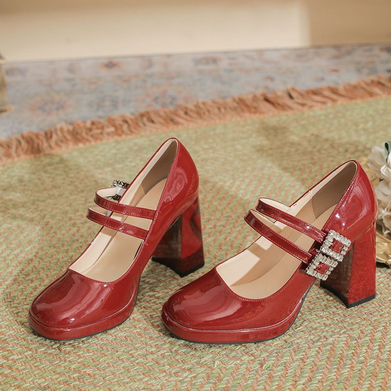 French-style Burgundy Mary Jane For Women, 2026 New Model Red High-heeled With Waterproof Platform, Comfortable And_vogvips.com