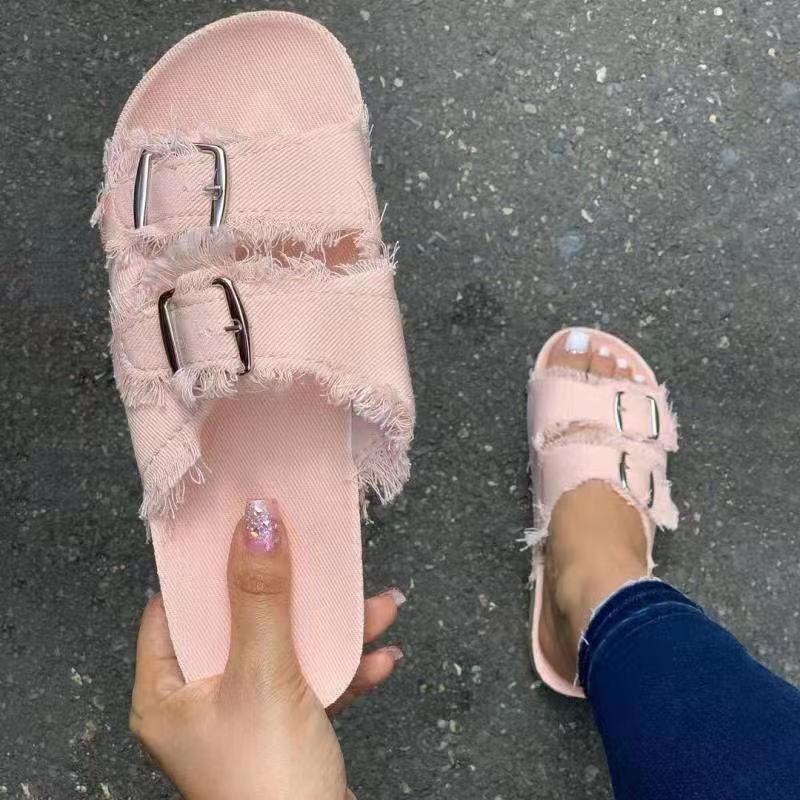 Women's Flat Sandals With Buckle, Openwork Design, Casual Solid Color Canvas, Plus Size, Breathable And Comfortable._vogvips.com