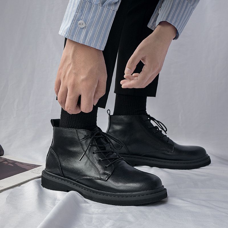 European Warm Series Light Mature Style Versatile Black Short Men Genuine Korean Version High-top Leather Shoes British Martin Men's Boots_vogvips.com