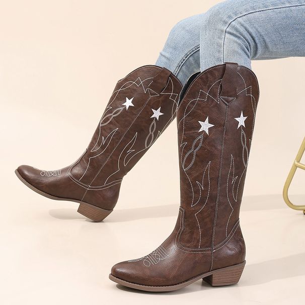 Women's Embroidered Round Toe Chunky Heel Mid-Calf Boots Stylish Casual Riding Boots For Daily Wear Holiday Fashion Daily Women's Boots_vogvips.com