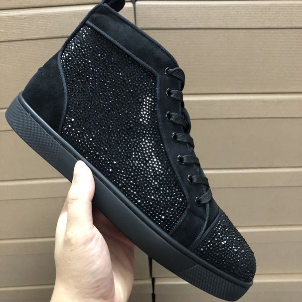 Trendy Autumn Winter Red Sole Shoes CL Men's High Top Rhinestone Studded Women's Genuine Leather Couple Sneakers Casual_vogvips.com