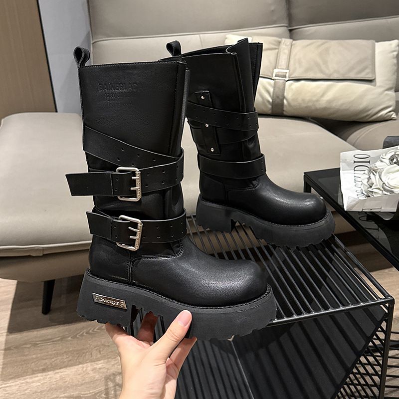 2025 Genuine Leather Long For Women Thick Sole Big Toe Derby Punk Motorcycle Rider Boots Trendy_vogvips.com