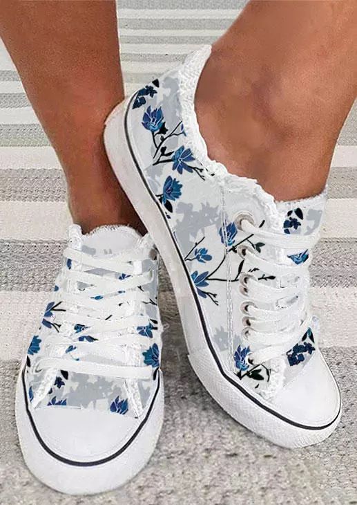 Women’s Shoes Large Size Printed Canvas Shoes Women's Casual Flat Shoes Comfortable Flower Lace Up Sports Shoes Skateboard Shoes_vogvips.com