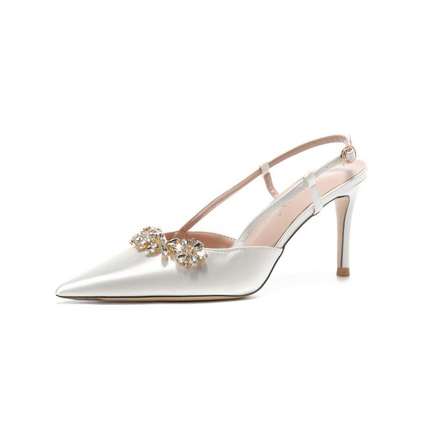 French Style Elegant Evening Dress High Heels Rhinestone Pointed Toe Sandals Women Spring Summer Satin White Wedding_vogvips.com