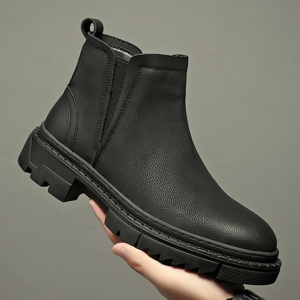 Glove Boots Trendy Men's Pure Black Mid-top Shoes Men's High-top Leather Shoes Heightening Chelsea Boots Men's Short Boots Leather Boots_vogvips.com