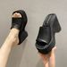 Women's T-shaped Solid Color Square Toe Slippers Chunky Heel Wedge Slippers_vogvips.com