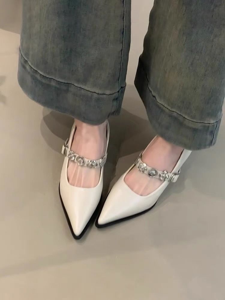 MTX Sheepskin Version~French Pointed Toe Mary Jane Women's Shoes Elegant Metal Buckle One Strap Chunky Heel Pumps Shallow_vogvips.com