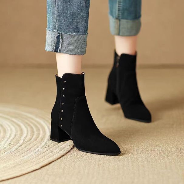 Chunky Heel Suede Fashion Pointed Toe Patchwork Short Martin Waterproof 2025 Winter New Style Elegant Versatile Ankle_vogvips.com